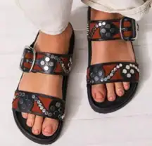 Free People Revelry‎ Studded Sandals Black Tan Size 7.5 Buckle Slides Boho