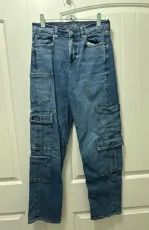 American Eagle Super High Rise Baggy Straight Cargo Pant Jeans Dark Wash 