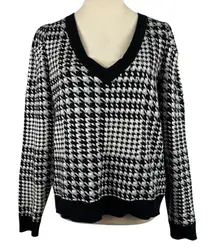Belldini Black Houndstooth Sweater V-Neck Rhinestone Detail Womens XL Preppy