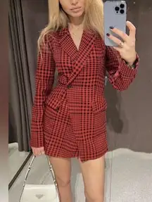 Zara red houndstooth blazer playsuit romper S 