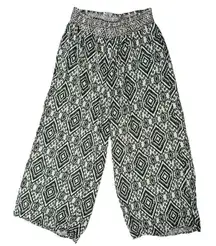 Patrons of Peace 100% Rayon Pant Cream/Green Wide Leg Ikat Print  Sz XL