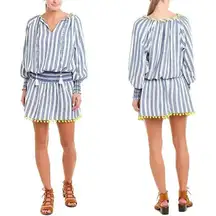 Tessora Blue Luisa Embroidered Stripe Neon Pom Pom. Dress medium