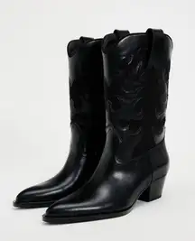 Zara Black faux Leather style Western cowboy  ankle heeled Boots