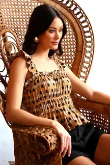 Eva Franco Smocked Ruffle Tie Strap Square Neck Top Geometric Print M