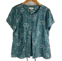 Christopher & Banks Teal Embroidered Button‎ Front Drawstring Waist Top Sz LG