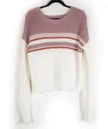 LOUNA Cream and Pink Stripe Color Block Eyelash Crew Neck Sweater Soft Large