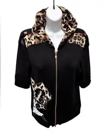 Joseph Ribkoff Black Leopard SS Hoodie Knit Top Jacket Sz 10 Sheer Sleeve Dressy