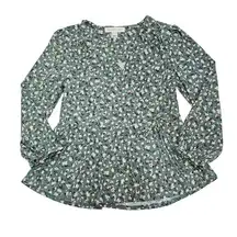 Monteau Womens Size M Green Floral Long Balloon Sleeve Faux Wrap Blouse