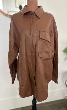 En;semble Faux Leather Shirt Jacket Button Down Oversized‎ Brown Shacket Medium