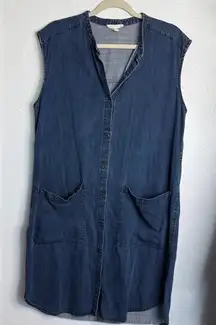Eileen Fisher Dress Midnight Blue Denim Cotton Blend Mandarin Collar Medium