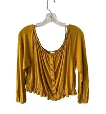 H&M Cropped Blouse Peplum Hem Long Sleeve Faux Button Sz L Mustard Yellow