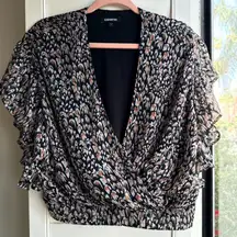 Express Flutter Surplice Wrap Top in Abstract Feather Print Black White Tan