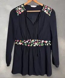 TORY BURCH Fleur Tunic Blouse Black‎ Floral Embroidery Crepe Sz 6