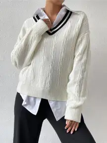 SHEIN White V-Neck Sweater with Black Trim