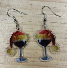 Christmas Hat Wine Glass Acrylic Dangle Drop Earrings Festive Holiday‎ 1 1/4in