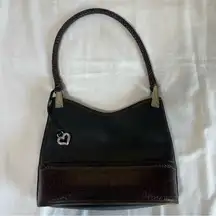 Brighton Gina Black Pebbled Leather Hobo Handbag Brown Croc Trim Braided Handle