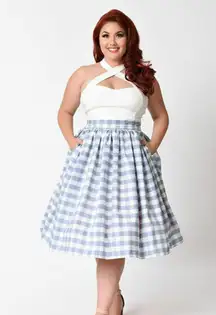 NWOT Unique Vintage 1950s Blue & White Gingham High Waist Swing Skirt Size L