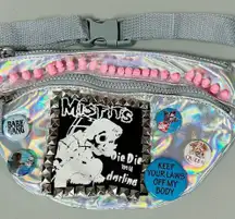 Handmade Silver Gray Grey Iridescent Metallic Holographic ‘Misfits’ Punk Band Patch Spiked Studded Fanny Pack Waist-Bag Belt-Bag Purse ⛓️🔪