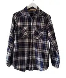Altar’d State Shirt Button Front Blue Plaid Flannel Mixed Media Lace SZ L #2315