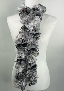SCARF Crocheted Ruffle Scarf White, Gray & Silver Shimmery
