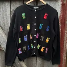Vintage Berek Black Embroidered and Beaded Cat Cardigan Sweater Grandma Sweater