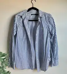 Lauren  100% Cotton White & Navy Blue Striped Button-Up Collared Shirt