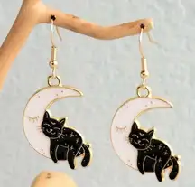 Exquisite Enamel Moon Black Cat Design Dangle Earrings