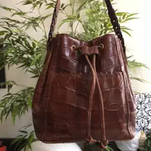 Vintage Dillards Brown leather hobo bucket bag crossbody shoulder bag purse crocodile croc pattern