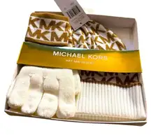 MICHAEL KORS Monogram Beanie Hat and Gloves in Cream and Tan, New with Tag