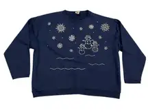 Christmas Holiday Navy Blue Embroidered Snowman and Snowflake Sweatshirt XL