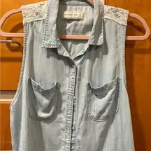 Abercrombie and Fitch Blue Sleeveless Denim Top with Lace Detail Medium