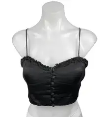 Zara Black Silk Satin Ruffle Button Lace Corset Cami Camisole Crop Tank Top Sz S