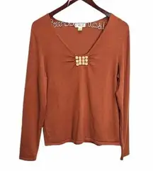 Neiman Marcus Silk Blend V-Neck Terracotta Sweater