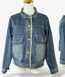 FMX Distressed Denim Jacket Frayed Collar Cuffs Hem Button Front Pockets