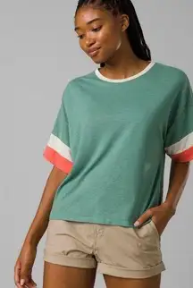 prAna  T-Shirt Cozy Up Skywalk Tee Shirt Top Stripes Green Sporty Size Colorblock