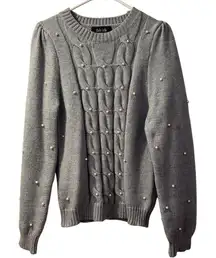 Chunky CableKnit Crewneck Sweater Pearl Puff Sleeve Gray Old Money|Quiet Luxury‎