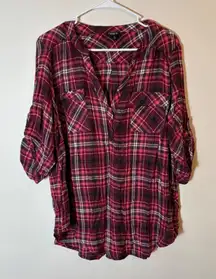 Torrid Harper Plaid Roll Tab Sleeve Button Up Shirt Red Black Size 2