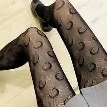 Women’s Sheer Moon Pattern Fishnet Tights - High-Waisted, Stretchy, Sexy Hosiery Black