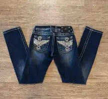 Miss Me Wing Cross Skinny Jeans Stonewood Dark Wash Embellished White Top Stitch