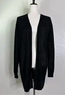 Ann Taylor Linen Blend Black Open Front Long Cardigan, Sz Medium