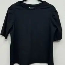 ZARA Gathered Sleeve Shirt Medium  Blouse Black T-Shirt Textured Knit Basic