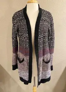 Roxy Oversized Cardigan Sweater Knit Print Black Purple Medium Large