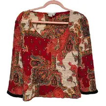 ALBERTO MAKALI RED PRINT STRETCH BOHO PULLOVER ROUND NECK CROP BLOUSE TOP M