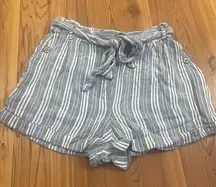 Angie Shorts Stripe Pull On Linen High Waist Paperbag Tie Fabric Belt size XS