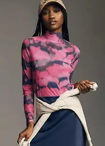 Anthropologie Mesh Sheer Turtleneck Fitted Long Sleeve Top Pink Purple XS