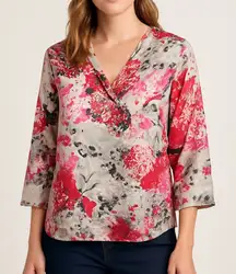 Pendleton Silk Blend Blouse Pink Gray Floral V-Neck 3/4 Sleeve Lightweight Top‎
