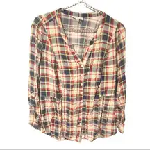 ModCloth Plus Size 2X Womens Tunic Red Blue Plaid Button Front Long Sleeve Top