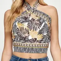 NEW with Tag Milk & Honey Black & Gold Palm Leaves Halter Crop Top | Sz Large