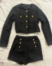 Black Cropped Jacket and Shorts Set with Gold Buttons