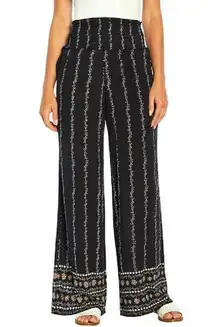 Three Dots Printed Wide Leg Pants Floral Pull On High Waist Slash Pocket Black L